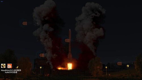 Houdini1制作的夜晚火箭发射场景 全流程 含nuke合成模型