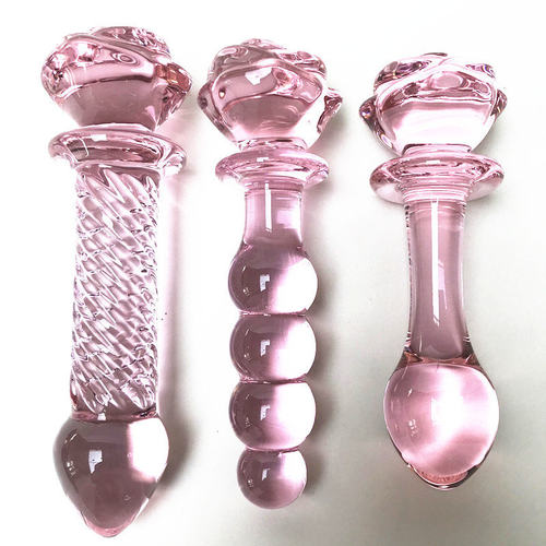 Pink rose glass dildo anal plug for women, men, adults, sex