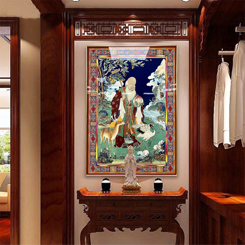 网红晶瓷镶钻西藏唐卡尼泊尔黄财神吉祥八宝客厅玄关装饰画带灯光