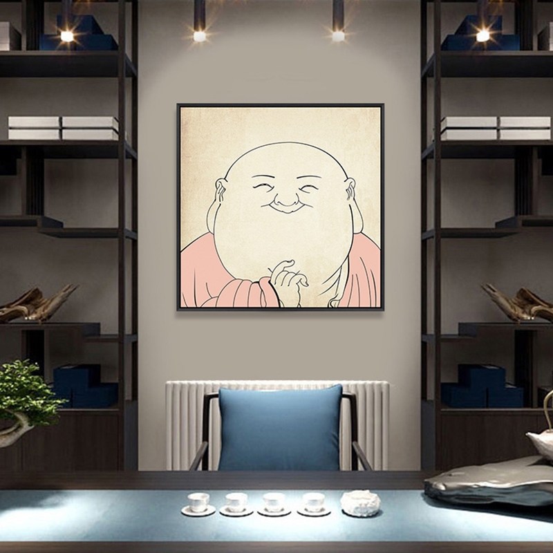新款弥勒佛画像笑佛画客厅新中式禅意玄关装饰画书房茶室简约壁画