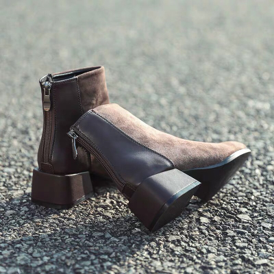 马丁靴女韩版粗跟中跟绒面瘦瘦鞋