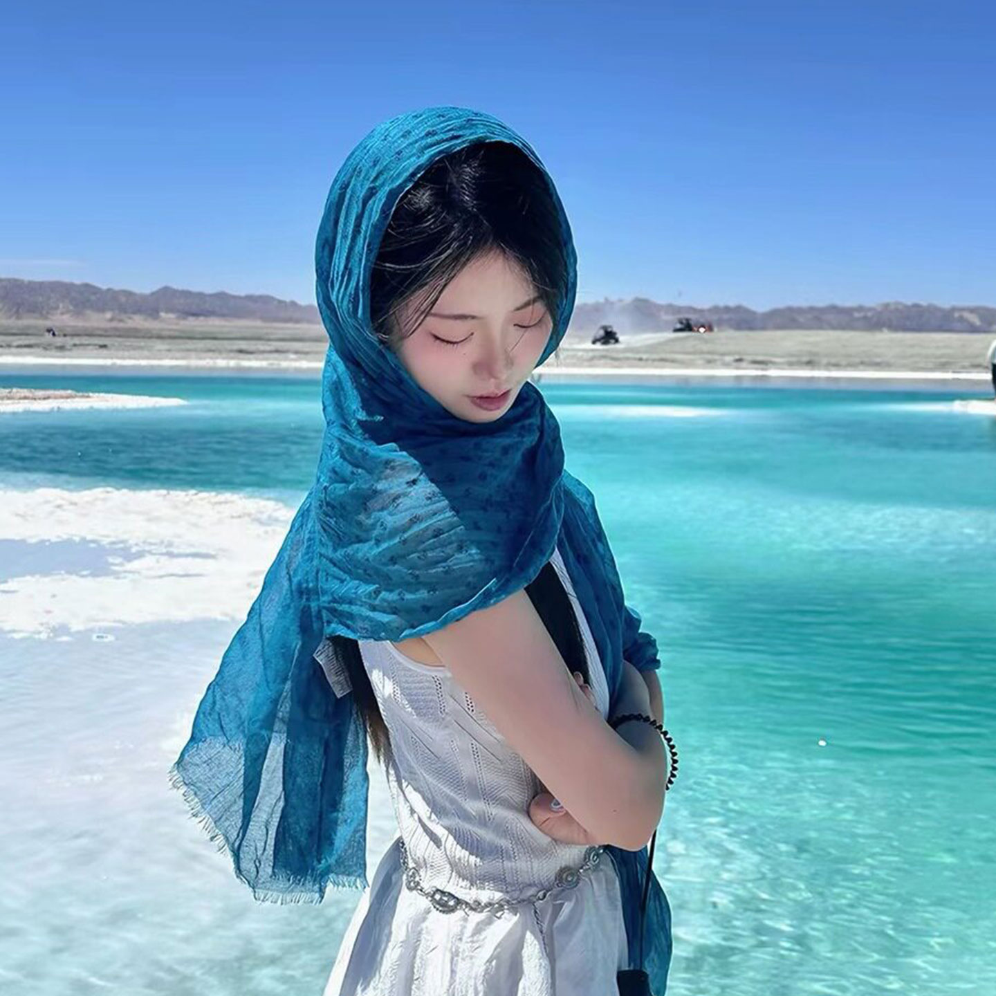 MK&DK湖蓝色棉麻防晒披肩女外搭2026新款旅游丝巾女夏季薄款拍照