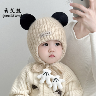 婴儿帽子春秋季男童米奇针织护耳