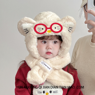 猫咪儿童仿獭兔毛绒帽子可爱一体围巾两件套男女童婴儿加厚秋冬款