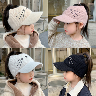 女童帽子秋冬季棒球针织保暖护耳猫咪宝宝加厚毛线男童空顶鸭舌帽