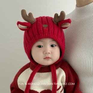 婴儿帽子秋冬季宝宝新年女男童红色男孩护耳帽女童毛线帽冬天鹿角