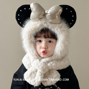儿童仿獭兔毛绒帽子蝴蝶结甜美帽子围巾一体两件套男女童婴儿加厚