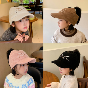 女童帽子秋冬季棒球针织保暖护耳猫咪宝宝加厚毛线男童空顶鸭舌帽