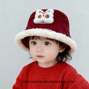 婴儿帽子冬季新年红色宝宝渔夫帽男宝宝加绒保暖防风婴幼儿秋冬帽