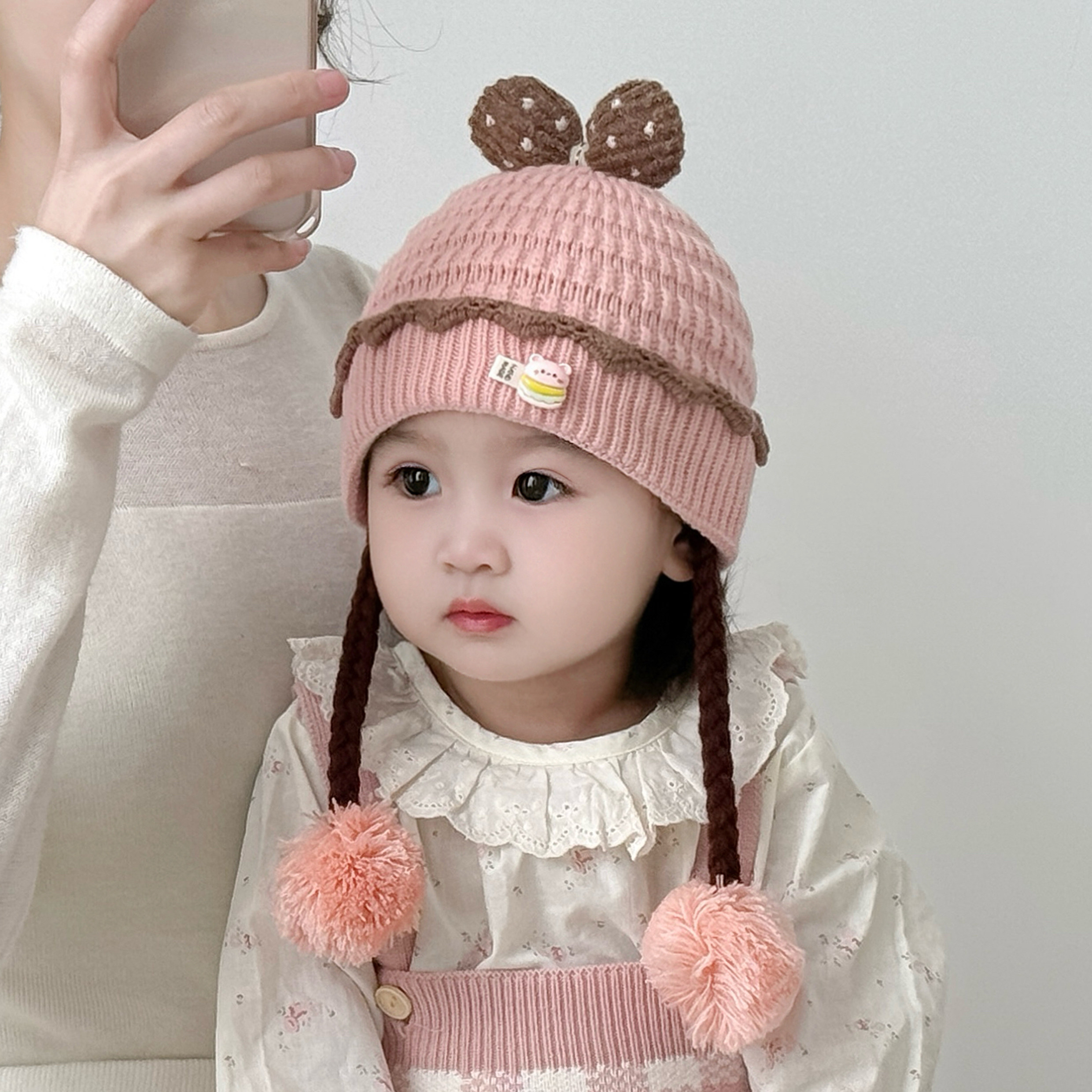 假发帽子婴儿带辫子保暖针织帽图片
