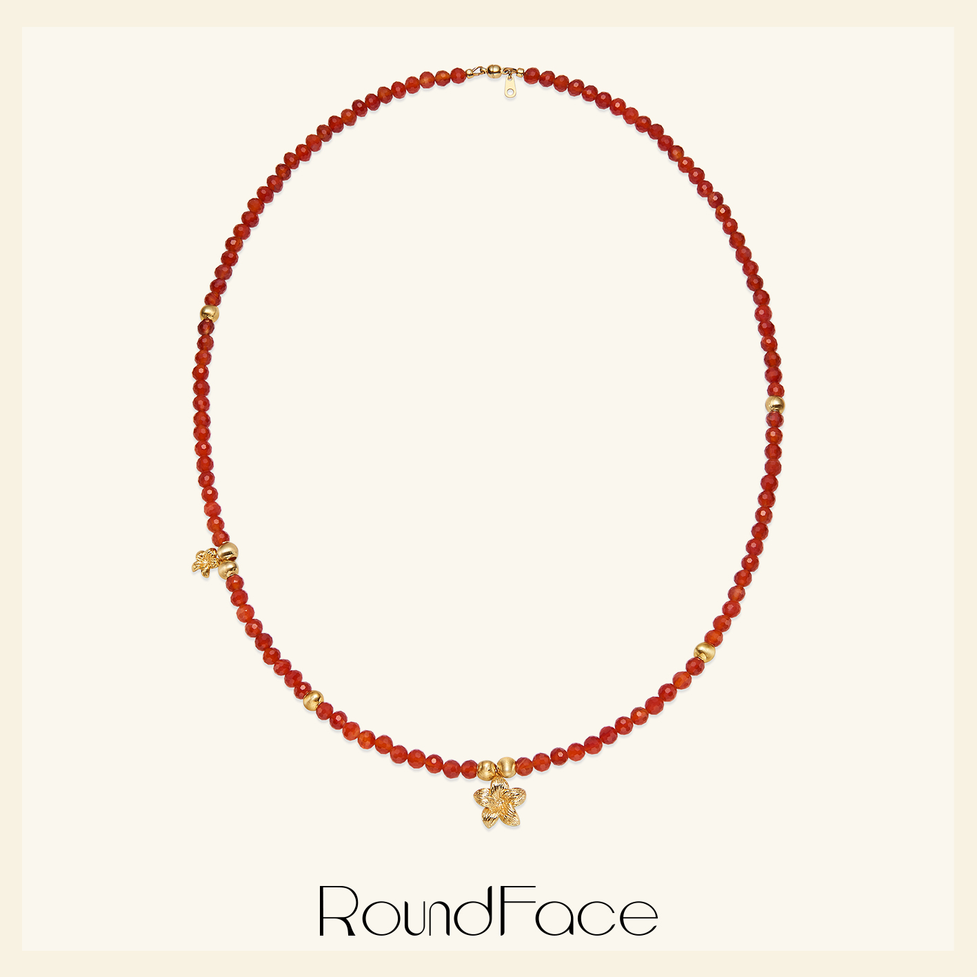 特卖款RoundFace 夏日系列 天然红玛瑙金属串珠花朵项链女度假风