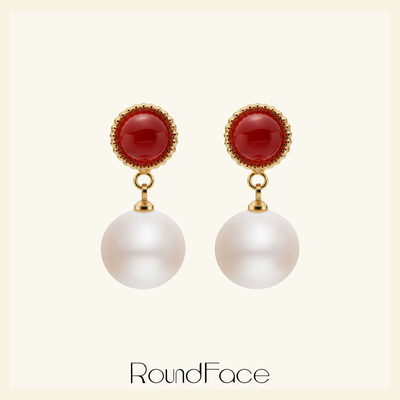 RoundFace月光系列 天然红玛瑙原创设计耳环女时尚天然淡水珍珠