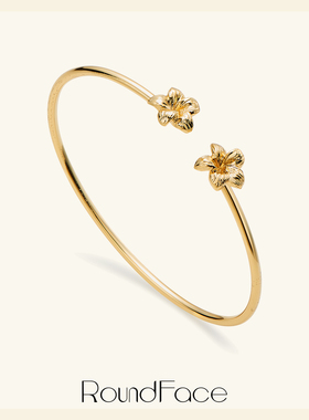 折扣款RoundFace度假风花朵开口手镯金色轻奢高级小众礼物送女友