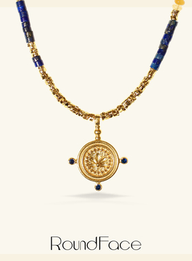 RoundFace铭⽂系列红⽟髓蓝玉髓⽴体项链复古⼿⼯礼物
