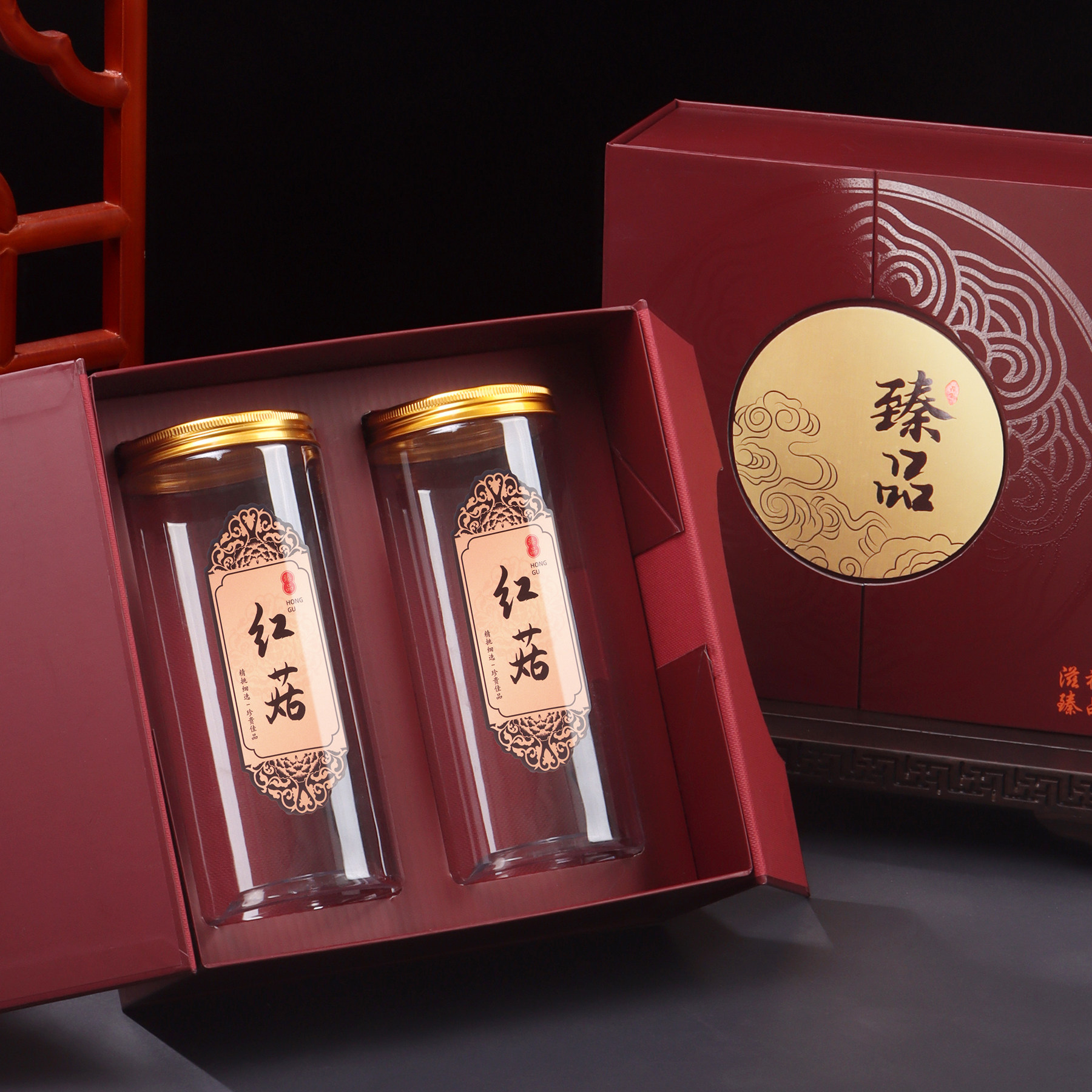 双开门古典红菇双瓶包装礼盒图片