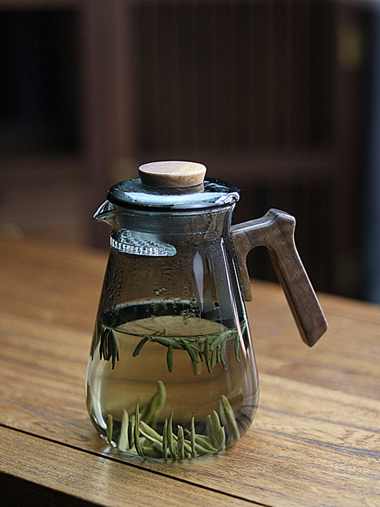 750ml带盖月牙壶 耐高温玻璃过滤一体泡茶壶木柄绿茶专用壶花茶壶