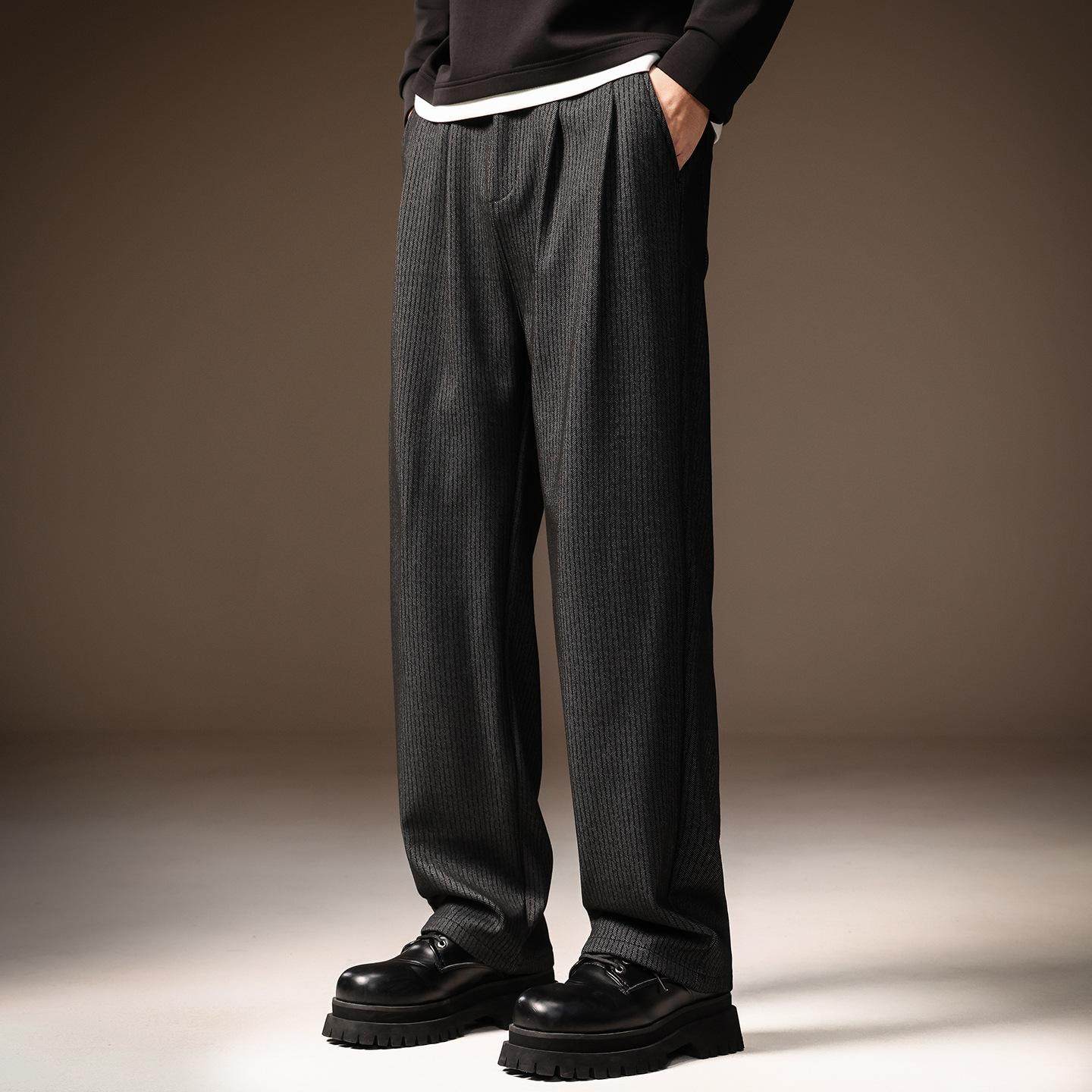 新款老钱风条纹复古休闲裤男秋冬宽松直筒垂坠感通勤西装男裤中腰