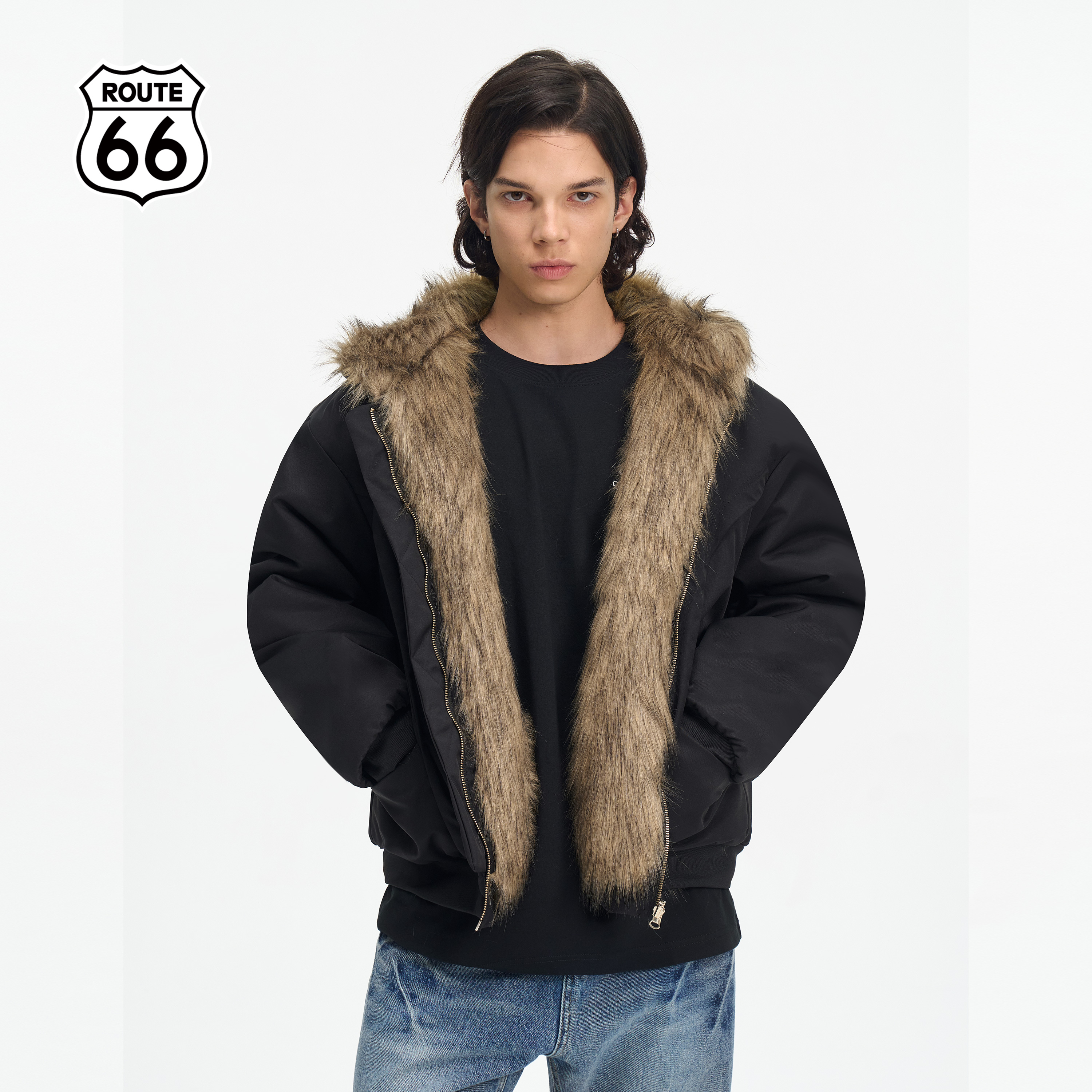 ROUTE66 美式座山雕外套男秋冬季保暖防寒派克服双面外穿棉衣棉服
