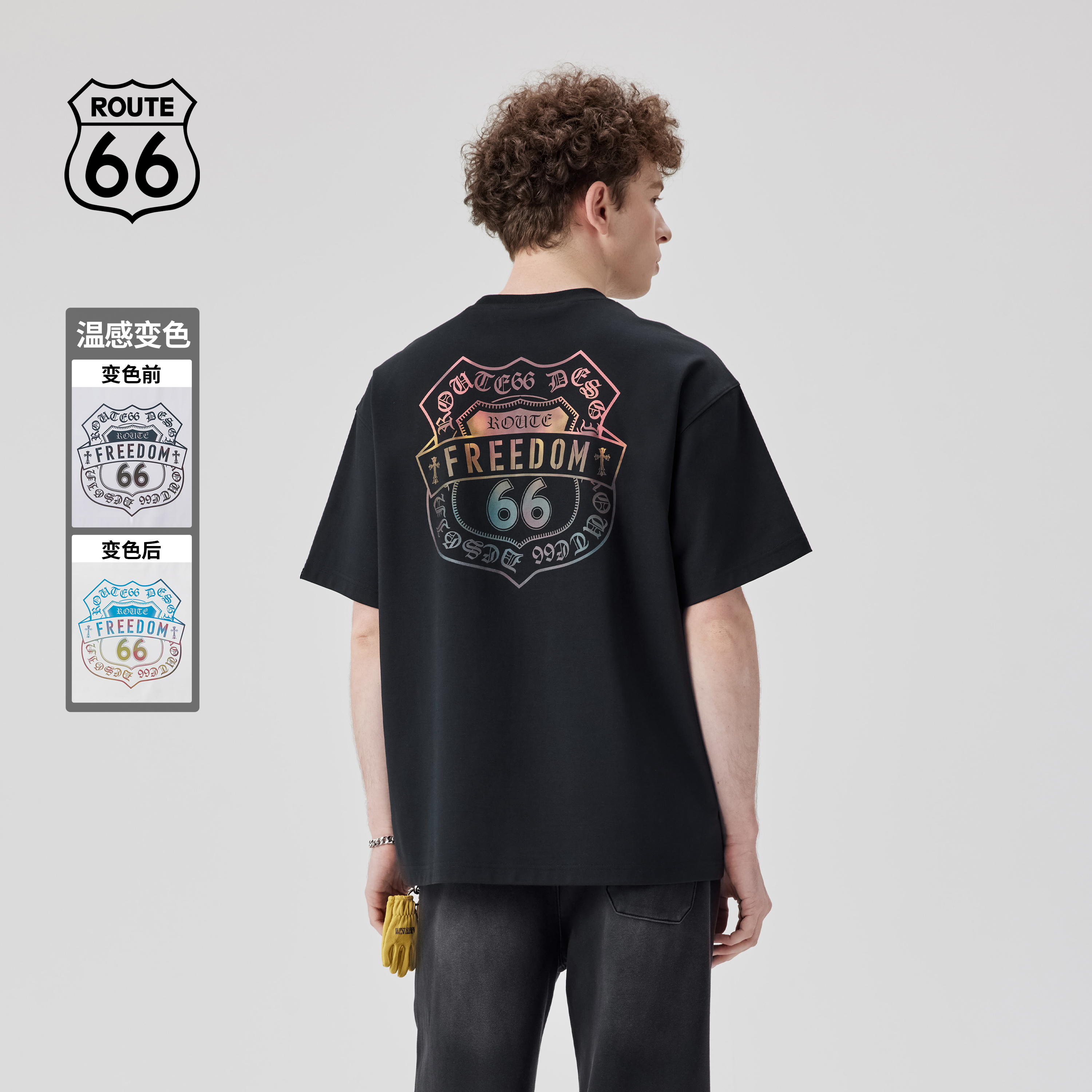Route66/66号公路夏季哥特字体温变印花冰爽棉速干短袖男情侣T恤