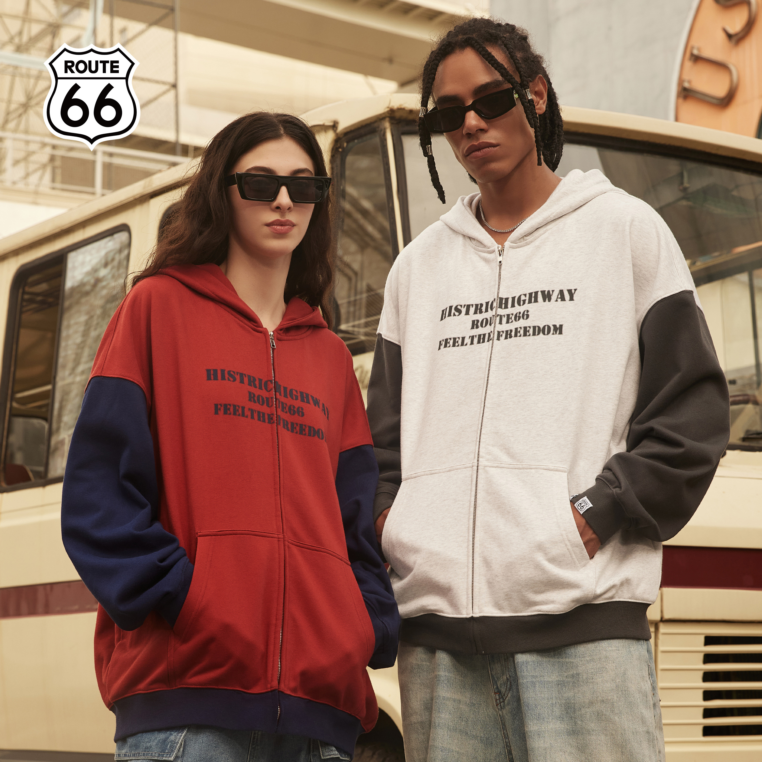 ROUTE66撞色拼接开衫连帽卫衣