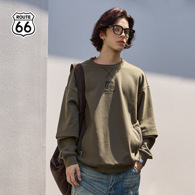 ROUTE66秋季假两件情侣卫衣男美式潮牌圆领男女宽松潮流情侣装