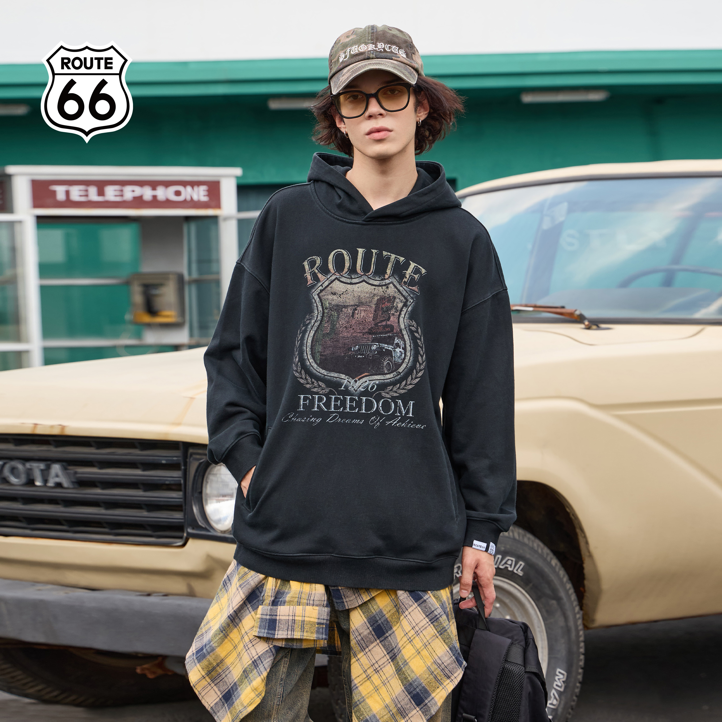 ROUTE66美式复古连帽卫衣男秋季高街潮牌男女款宽松潮流情侣装