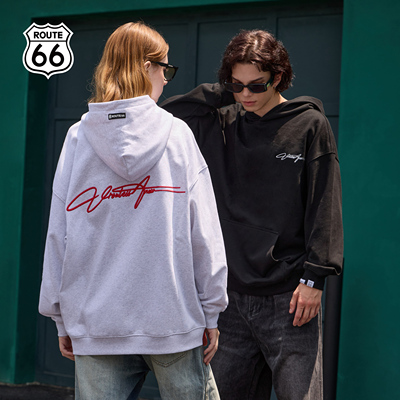 ROUTE66秋季连帽卫衣男美式潮牌字母秋天情侣装复古宽松潮流上衣