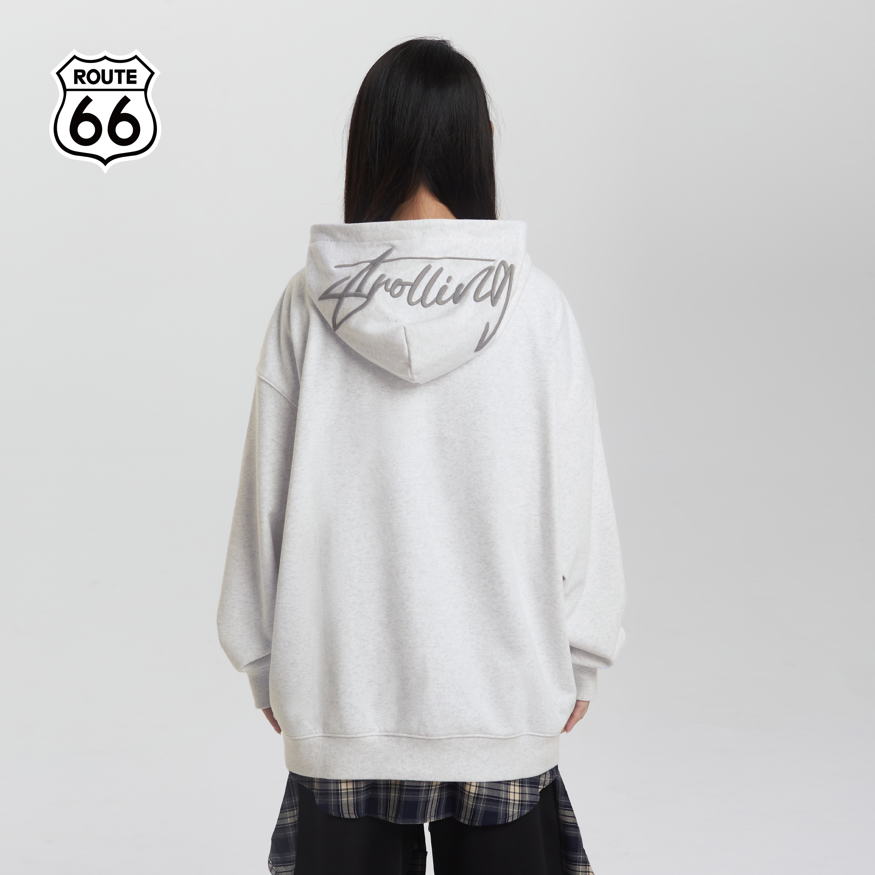 ROUTE66 美式潮牌卫衣情侣新款长袖套头连帽刺绣纯色秋冬上衣