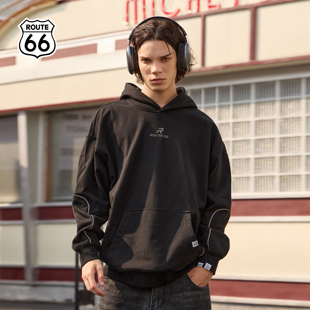 ROUTE66秋季 情侣基础印花款 连帽卫衣美式 复古男女宽松潮流情侣装