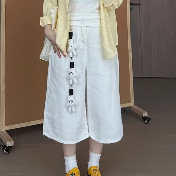 大码白色韩版高腰直筒七分水洗休闲裤女夏季新款宽松垂感阔腿裤子