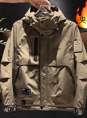 冬季新款潮牌防风保暖工装夹克男士时尚潮流日常百搭连帽夹棉外套