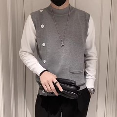 男士秋冬季假两件针织衫毛衣男修身半高领纽扣装饰长袖中领打底衫