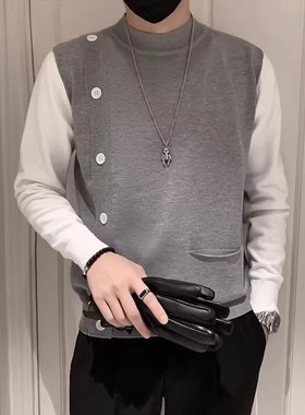 男士秋冬季假两件针织衫毛衣男修身半高领纽扣装饰长袖中领打底衫