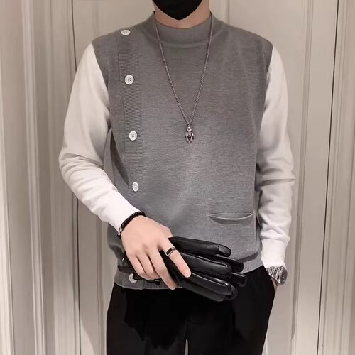 男士秋冬季假两件针织衫中领毛衣