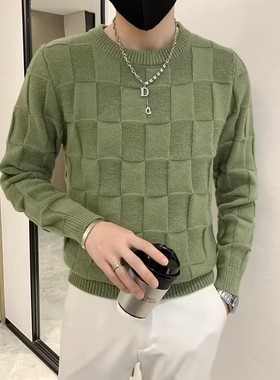 纯色圆领毛衣男韩版时尚棋盘格子羊毛衫线衣休闲男装打底针织衫男