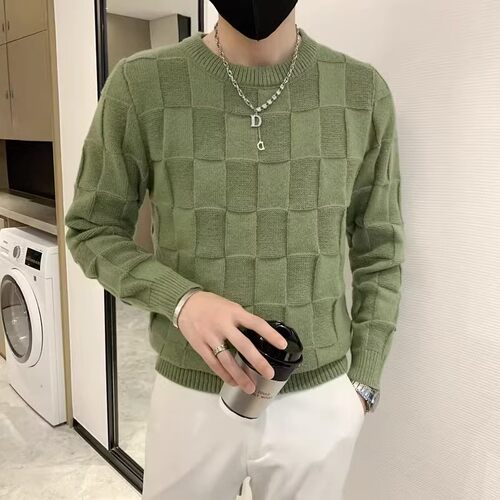 纯色圆领毛衣男棋盘格打底针织衫