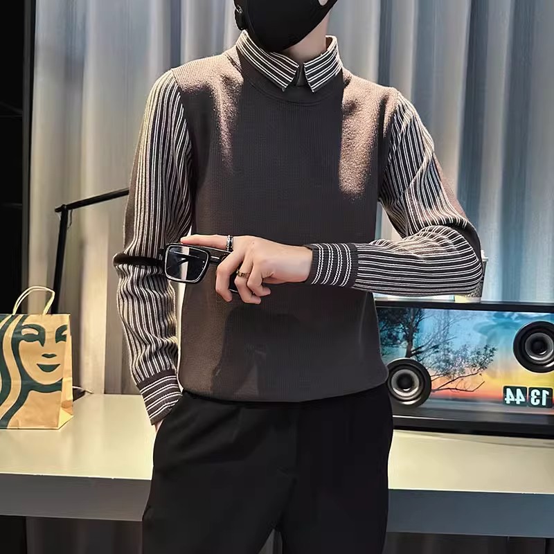 韩版修身假两件翻领针织毛衣男