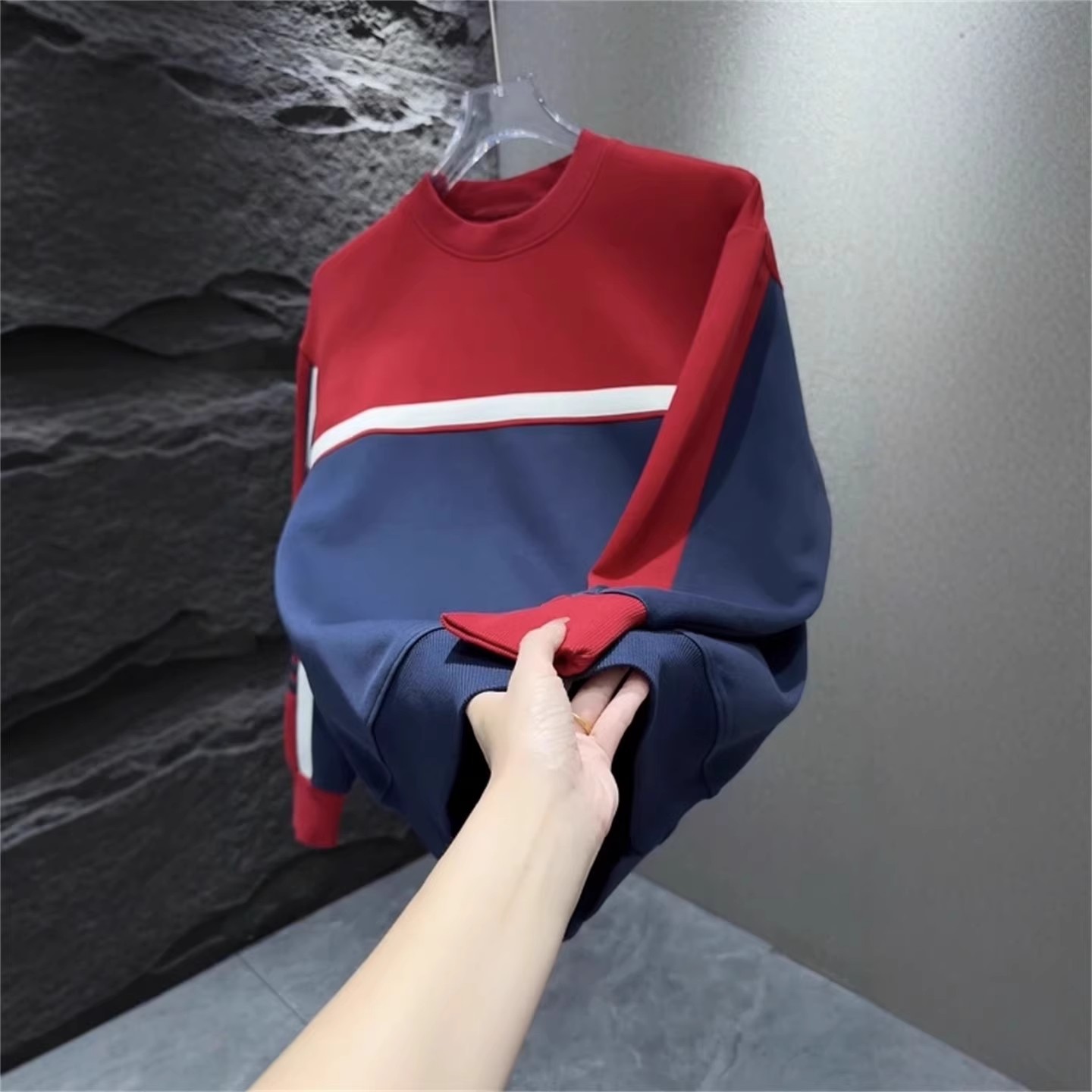 春秋季新款男士撞色拼接圆领卫衣