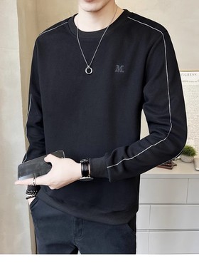 卫衣男士秋冬季白色简约字母刺绣圆领上衣韩版流行修身长袖t恤衫