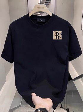 潮牌高端新款短袖t恤男夏季美式纯棉圆领体恤修身黑色印花半截袖