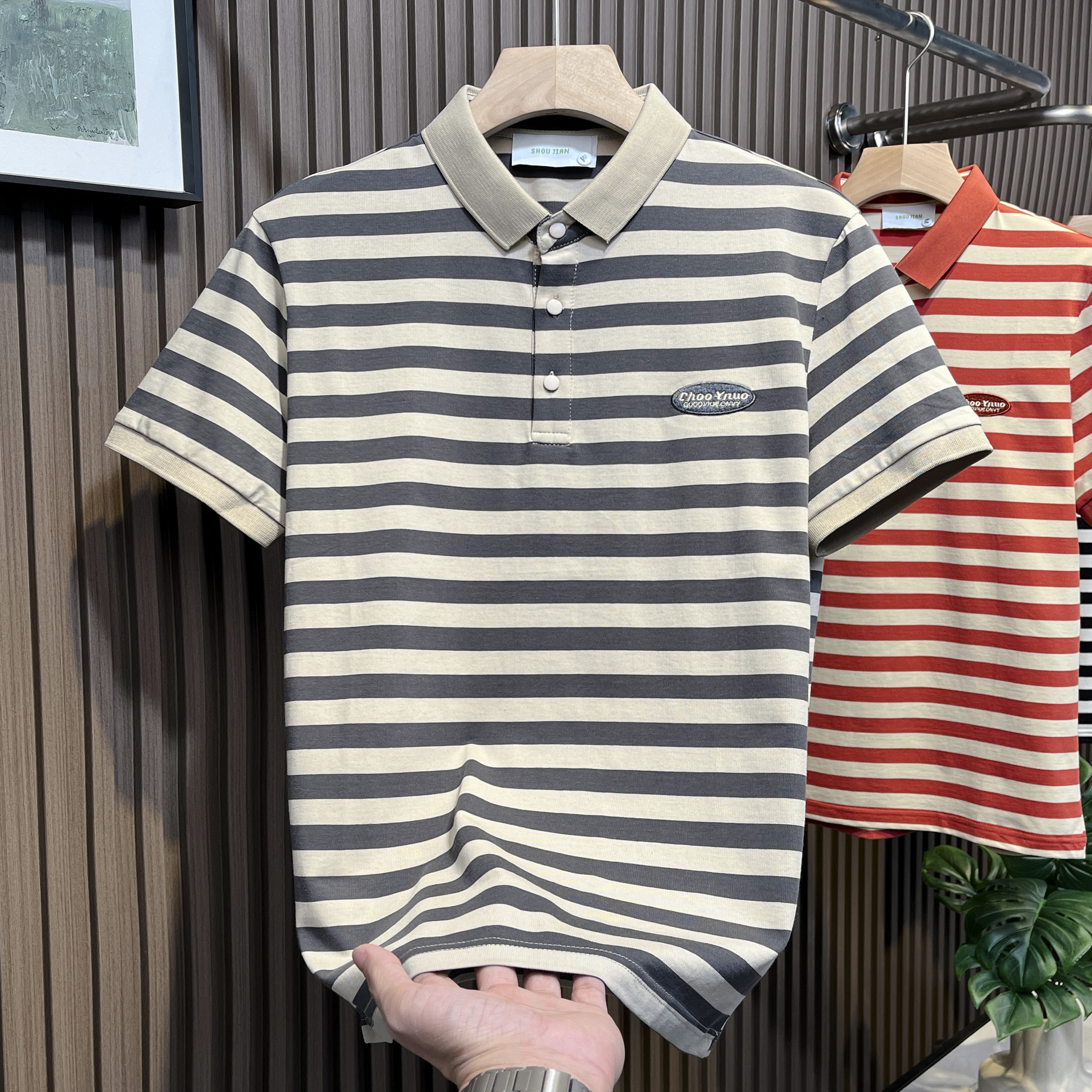 夏季男士简约百搭条纹polo衫短袖