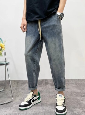 夏季新款蓝色复古牛仔裤男士抽绳修身潮流帅气休闲裤百搭九分裤男