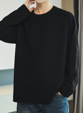 美式潮牌纯色男士长袖T恤痞帅黑色圆领内搭打底衫秋季小领口上衣