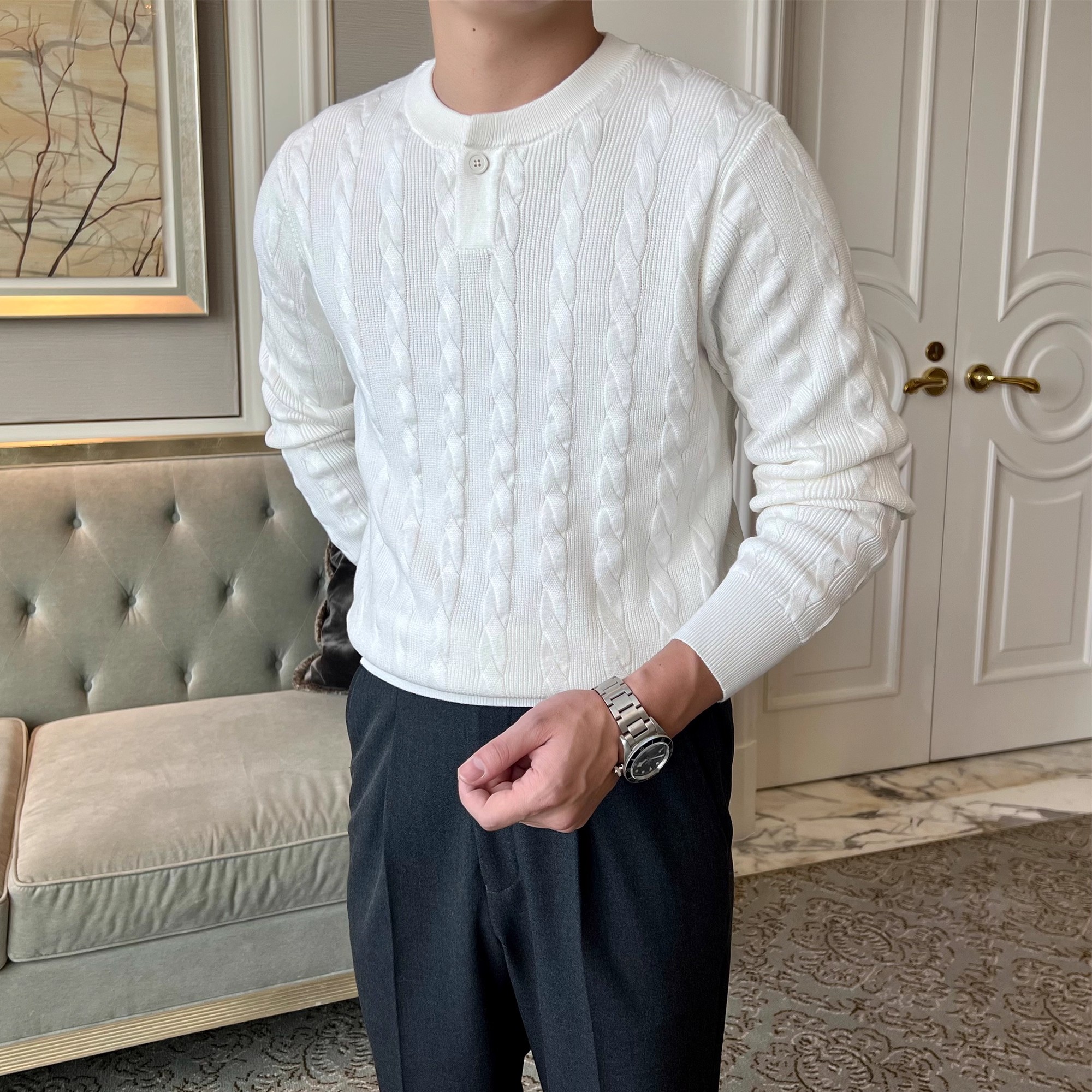 秋冬新款亨利领针织毛衣打底衫男