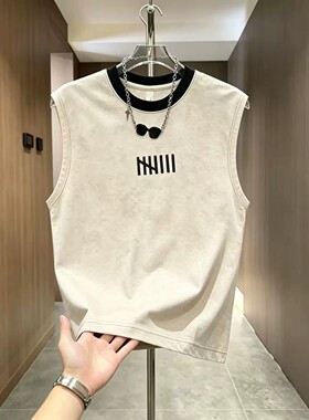 夏季新款潮牌轻奢扎染刺绣坎肩背心男士时尚潮流简约拼色无袖T恤