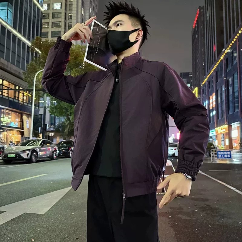秋季新款时尚美式立领夹克男士设计感百搭休闲通勤冲锋衣紫色外套