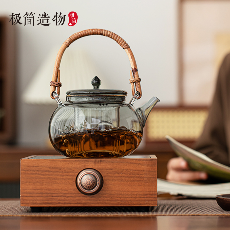 竹制提梁高硼硅玻璃电陶炉煮茶壶