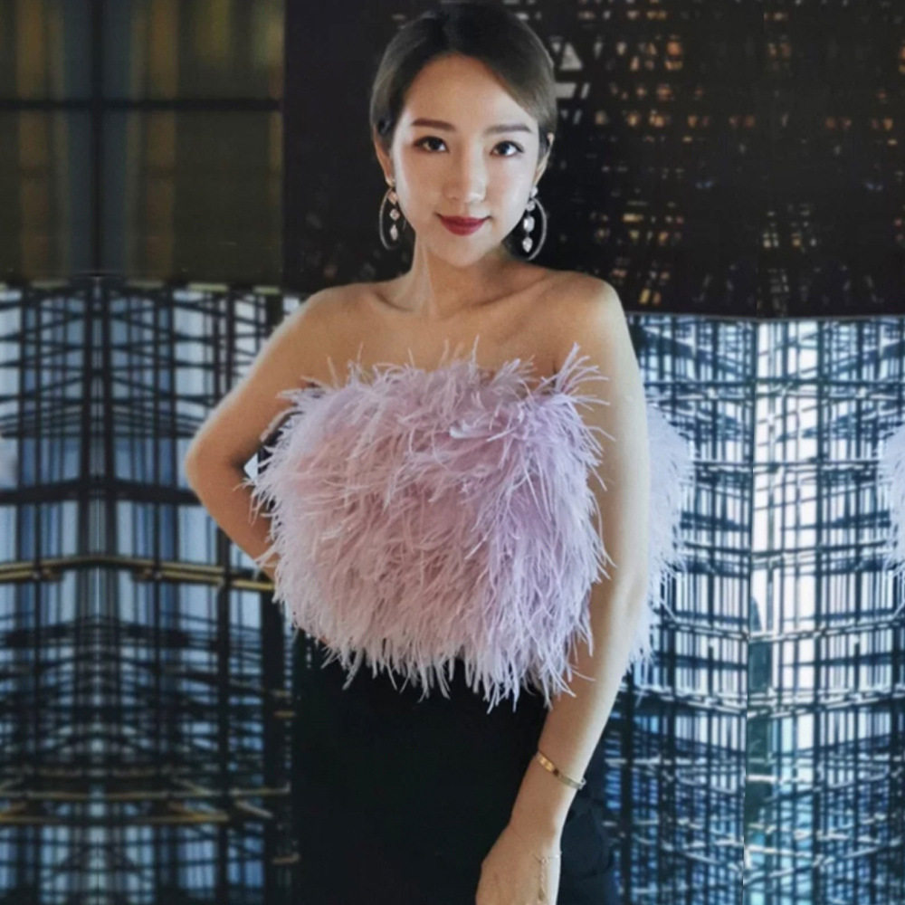 Twice女团舞台风驼鸟毛鱼骨吊带Sana同款羽毛抹胸有胸垫紧身裹胸,女装/女士精品,抹胸,淘宝优惠券,粉丝福利购,淘宝优惠卷