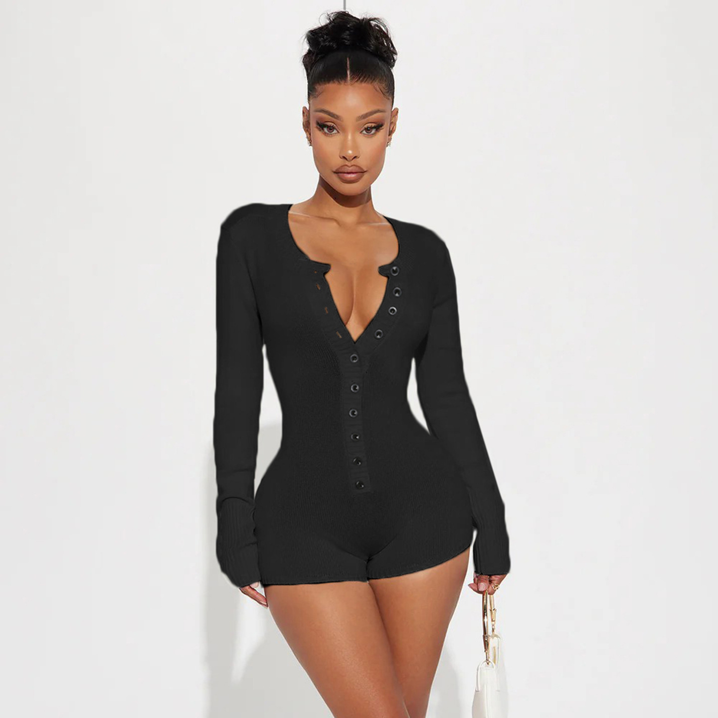 跨境新款基础性感修身V领排扣连体裤辣妹运动风休闲百搭毛织短裤