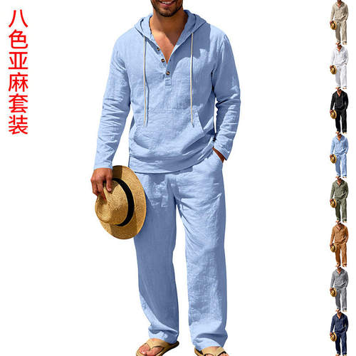 跨境美式纯色四季男亚麻休闲宽松夏威夷亨利连帽长袖开衫长裤套装
